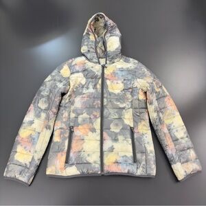 Westport Gray Multicolor Floral Packable Puffer Jacket Lightweight Full Zip Hood